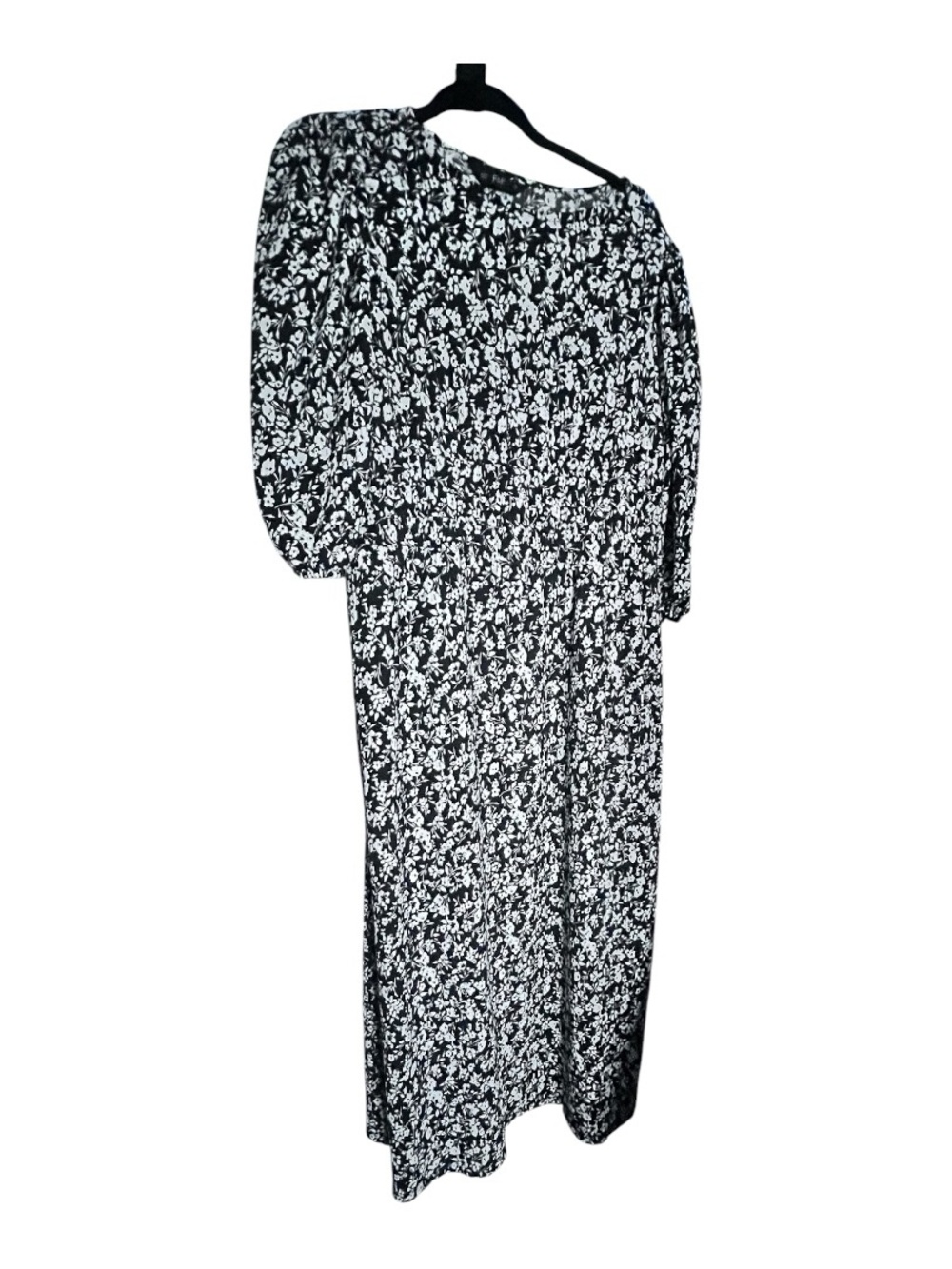 F&F Black White Floral Maxi Dress L XL Smocked Waist Relaxed Fit